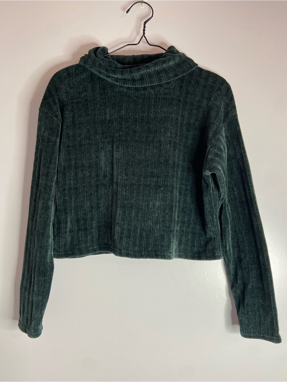 Vintage Y2K Chenille Poof! Ribbed Cropped Turtleneck Sweater - Forest Green
